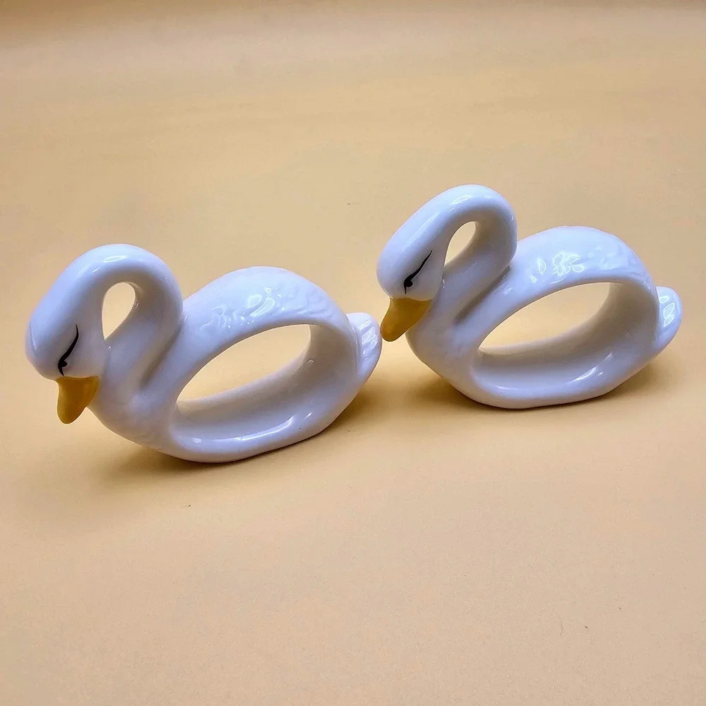 Set of 2 White Ceramic Swan Napkin Rings Holders Yellow Beak Elegant Table Decor
